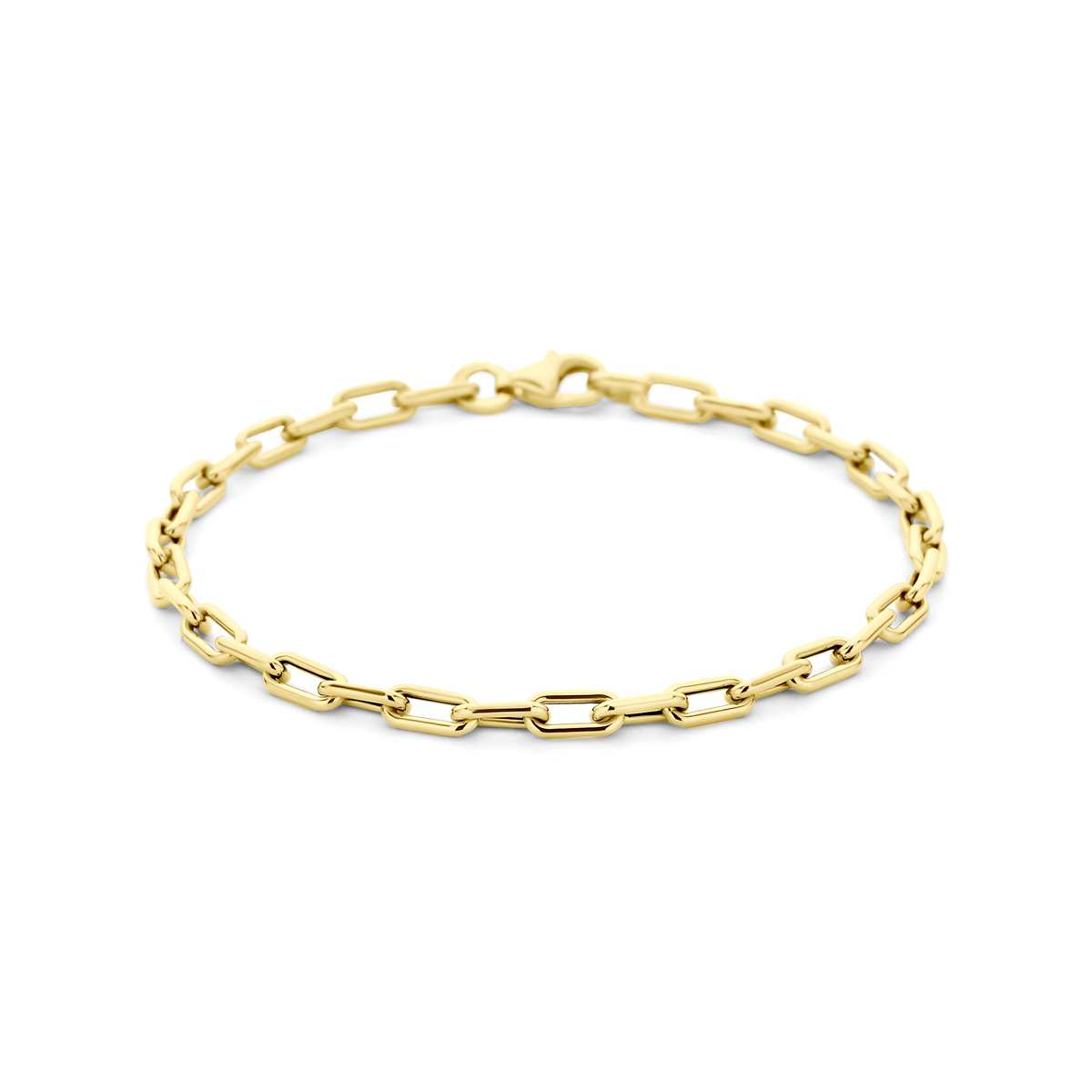 9k Geelkleurige armband met een schakelbreedte van 3.5mm en een draaglengte van 18cm. Uitgevoerd met een karabijnsluiting.