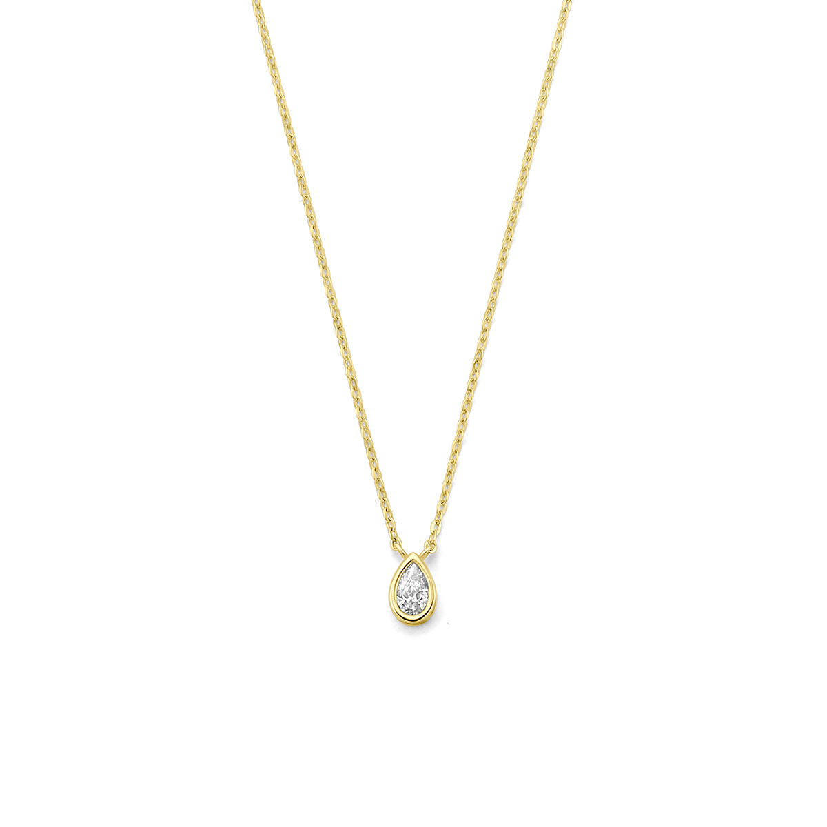 9k Geelkleurig collier met zirkonia. Het collier heeft lengtes van 40-42-44cm en een schakelbreedte van 0.9mm. De hanger heeft een afmeting van 6x4mm.