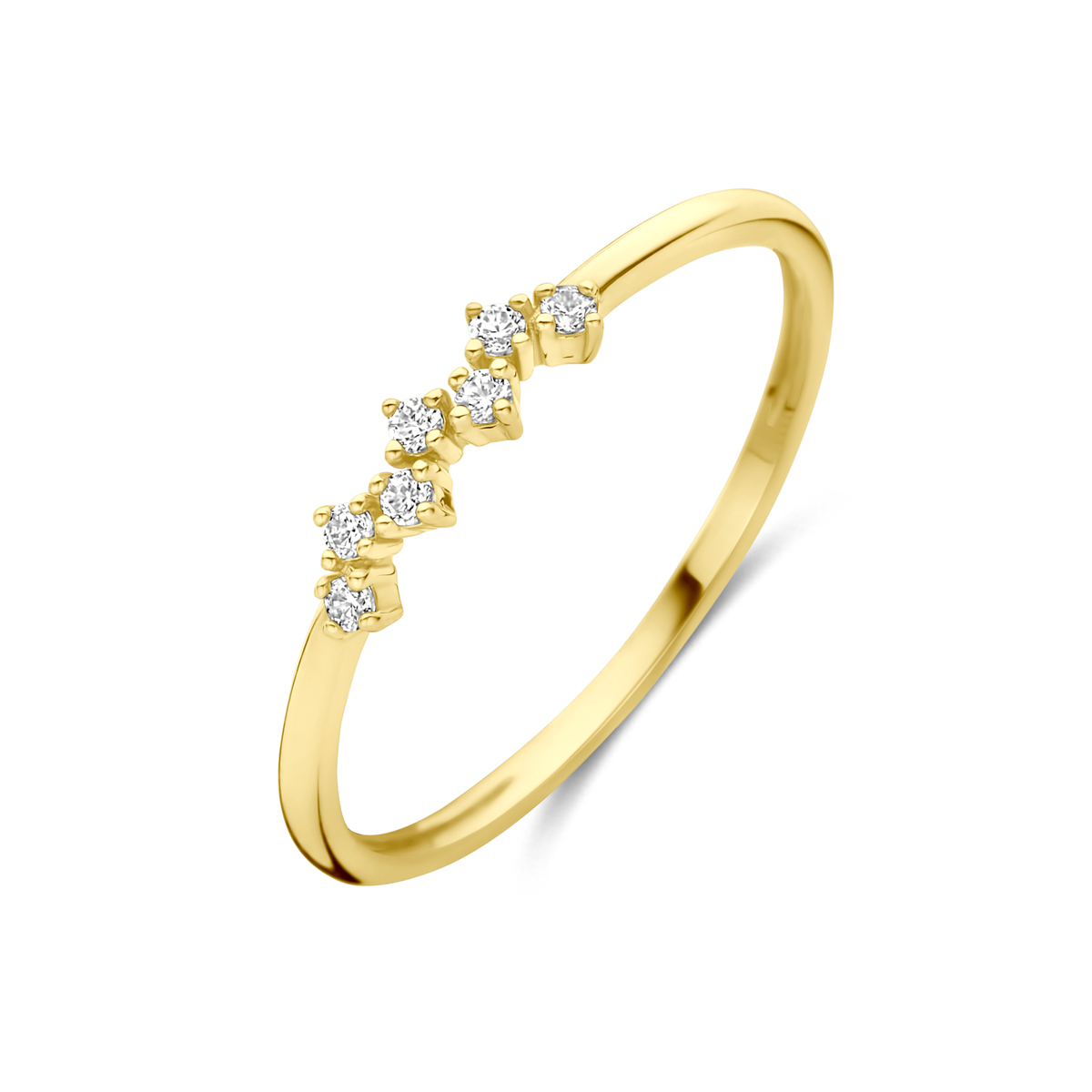 14k Geelgouden ring uitgevoerd met zirkonia. De ring heeft een breedte van 3mm.
