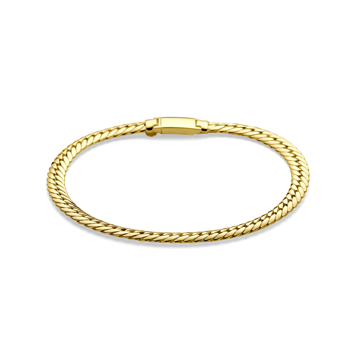 14k Geelgouden armband uitgevoerd met een gourmette schakel van 5mm. De armband heeft een draaglengte van 19cm.