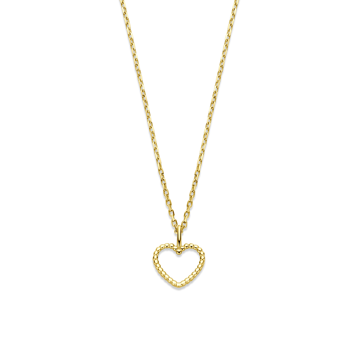 14k Geelgouden collier uitgevoerd met een hartje. Het collier heeft draaglengtes van 40-42-44cm.