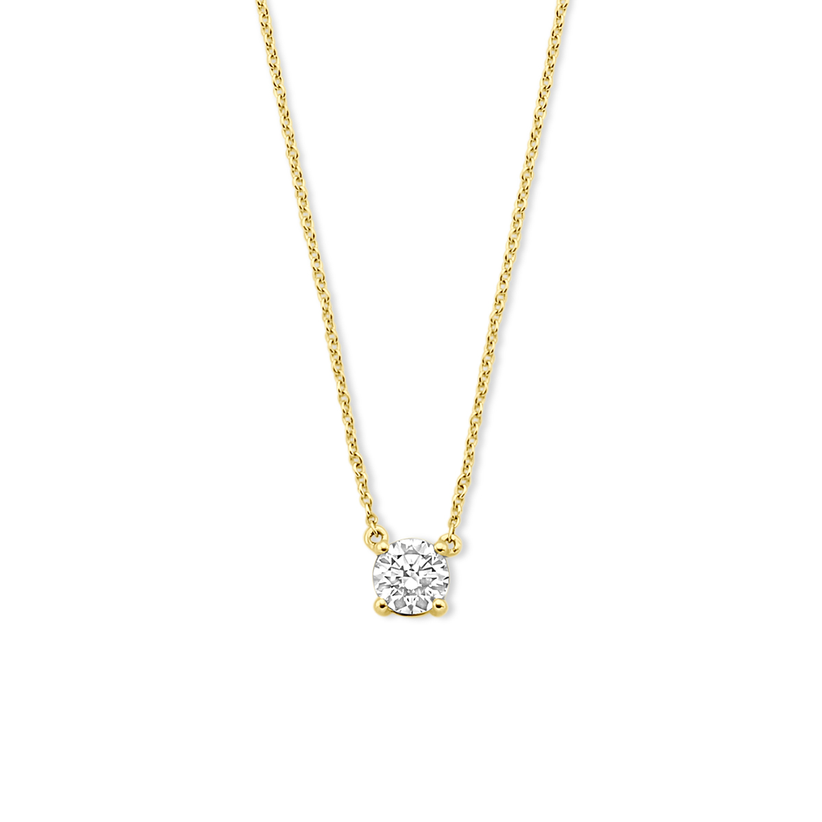 Dit Geelgouden collier met lab-grown diamant (0,25 ct, G VS1) is een verfijnd sieraad. De briljant geslepen diamant straalt elegantie uit. Gemaakt van hoogwaardig goud, weegt het 1,07 gram en heeft een glanzende afwerking. De kettinglengte is verstelbaar tussen 41-45 cm. Perfect om solo of gelaagd met andere kettingen te dragen voor een stijlvolle look.