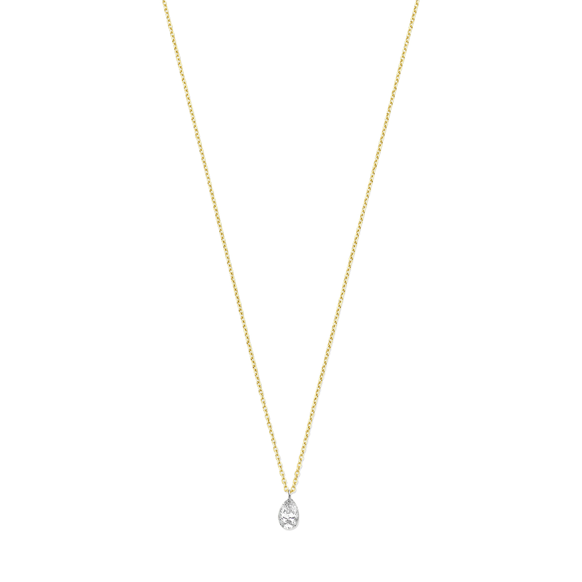 Het 18 karaat geelgouden collier, model 7000210, bevat een schitterende diamant van 0,15 ct in een peervormige slijpvorm. Het collier is 40-44 cm lang, 3 mm breed en weegt 2,36 gram. Perfect te dragen als verfijnde toevoeging aan elke outfit, zowel casual als formeel, voor een elegante uitstraling. Voegt een vleugje luxe toe.