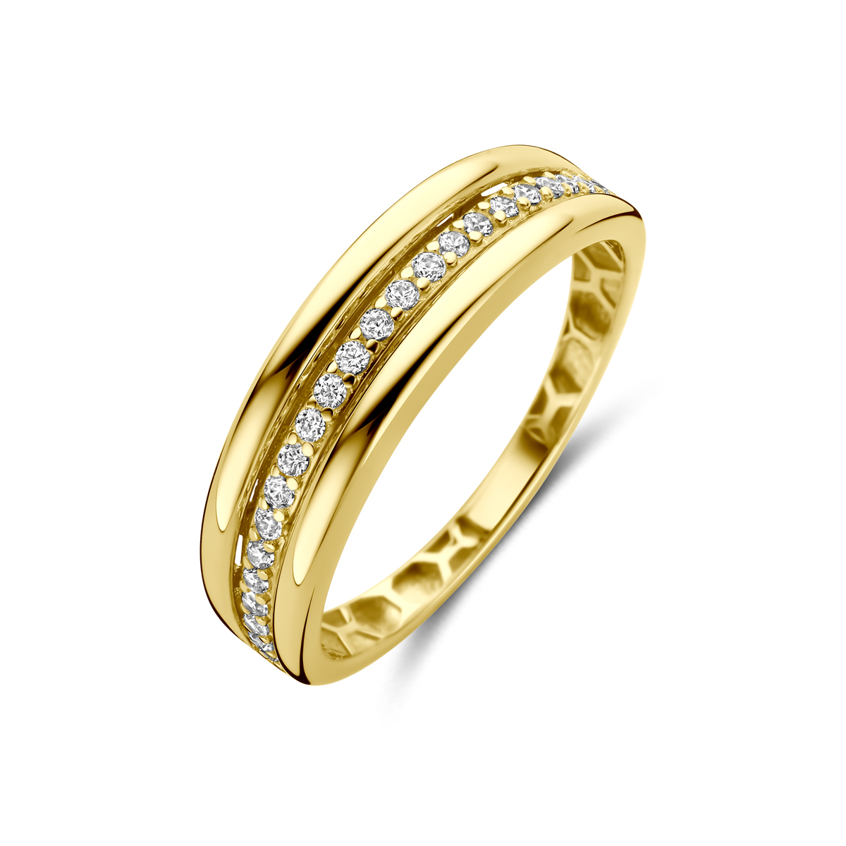 14k Geelgouden ring uitgevoerd met zirkonia. De ring heeft een breedte van 5,5mm.

