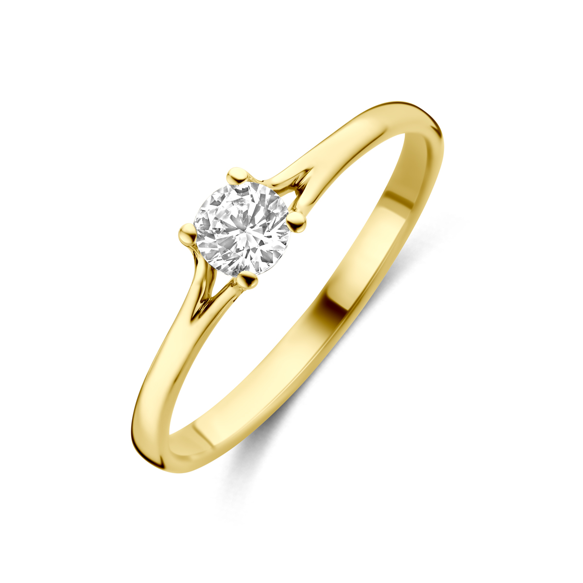 14k Geelgouden ring uitgevoerd met zirkonia. De steen heeft een diameter van 4mm.