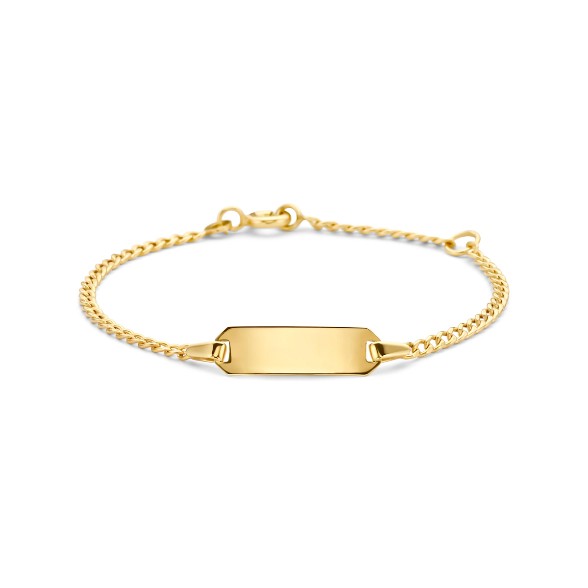 9k geel kleurig&nbsp;graveerarmband met een plaat van 5x17mm. De armband heeft een gourmette schakel van 1.8mm.