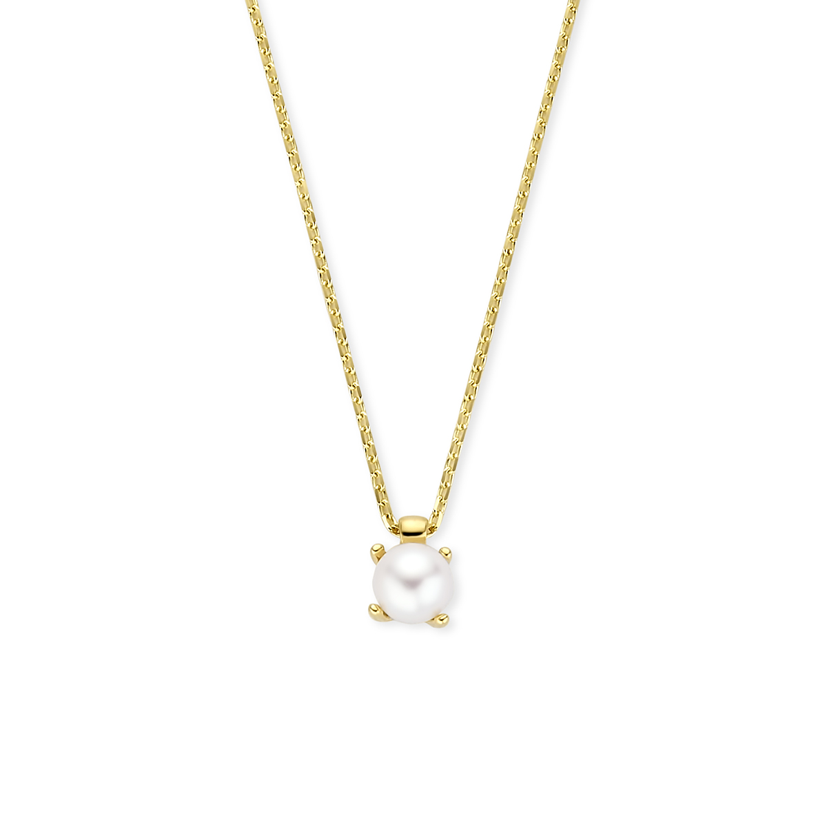 14k Geelgouden collier uitgevoerd met een parel. Het collier heeft draaglengtes van 41-43-45cm en een schakelbreedte van 1mm.