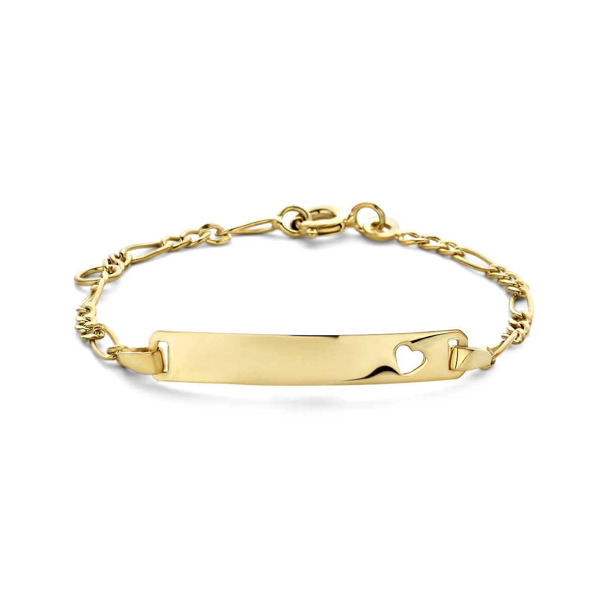 9k graveerarmband met een schakelbreedte van 2mm. De armband is uitgevoerd met een plaat van 4x25mm met een een dikte van 0.4mm en een hartje daarin.