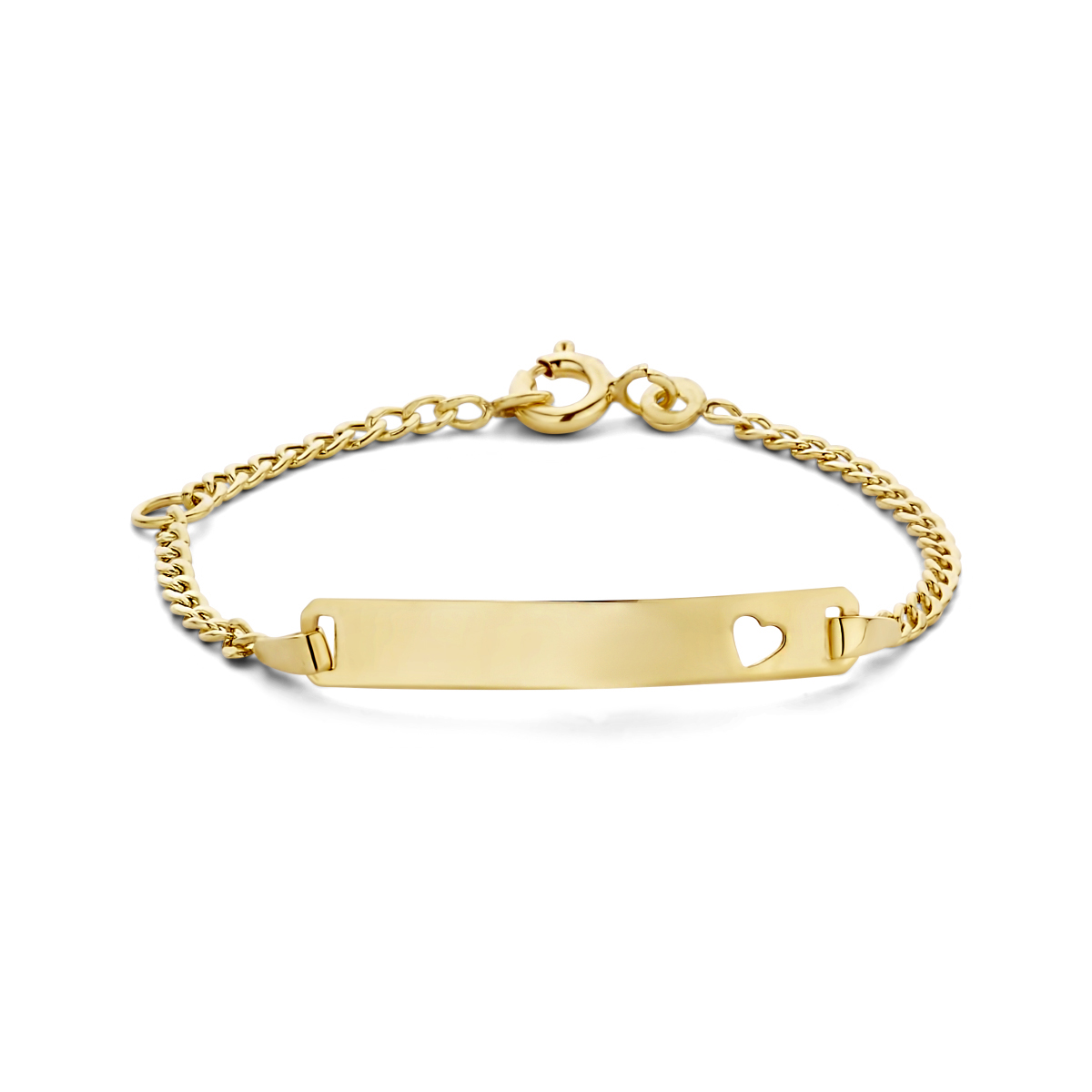 9k geel kleurig graveerarmband met een schakelbreedte van 1.8mm. De armband is uitgevoerd met een plaat van 4x25mm met een dikte van 0.4mm en een hartje daarin.