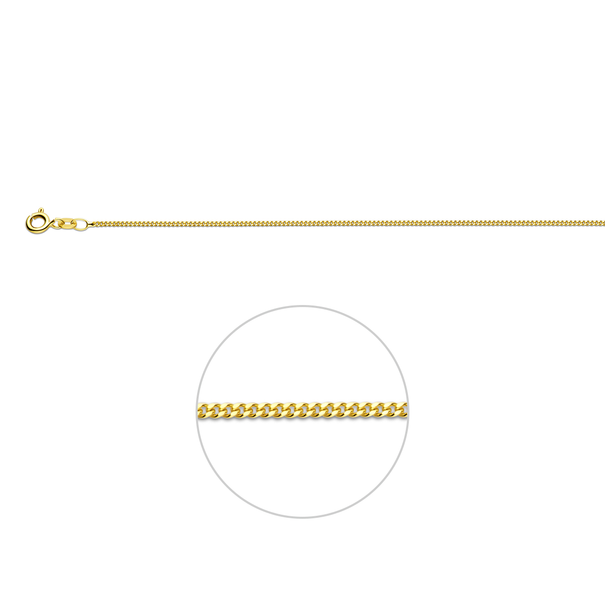 9K collier met gourmette schakel. De schakelbreedte is 1.2mm.