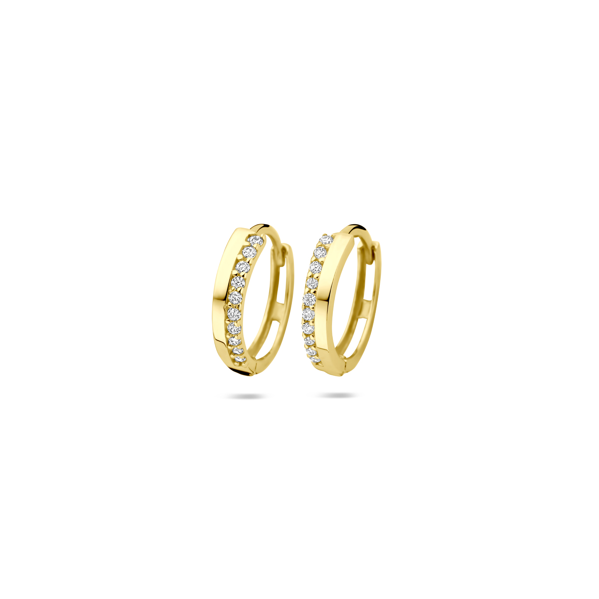Geel goud 9K kleurige klapoorringen met zirkonia en een afmeting van 12x2.5mm.