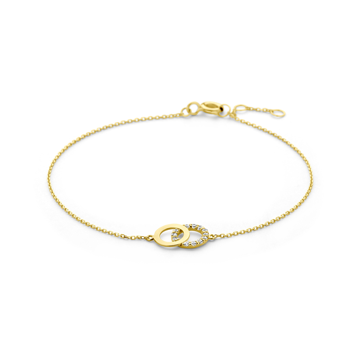 Geel goud 9k kleurige armband met zirkonia. De armband heeft draaglengtes van: 16,5 - 17,5 - 18,5.cm