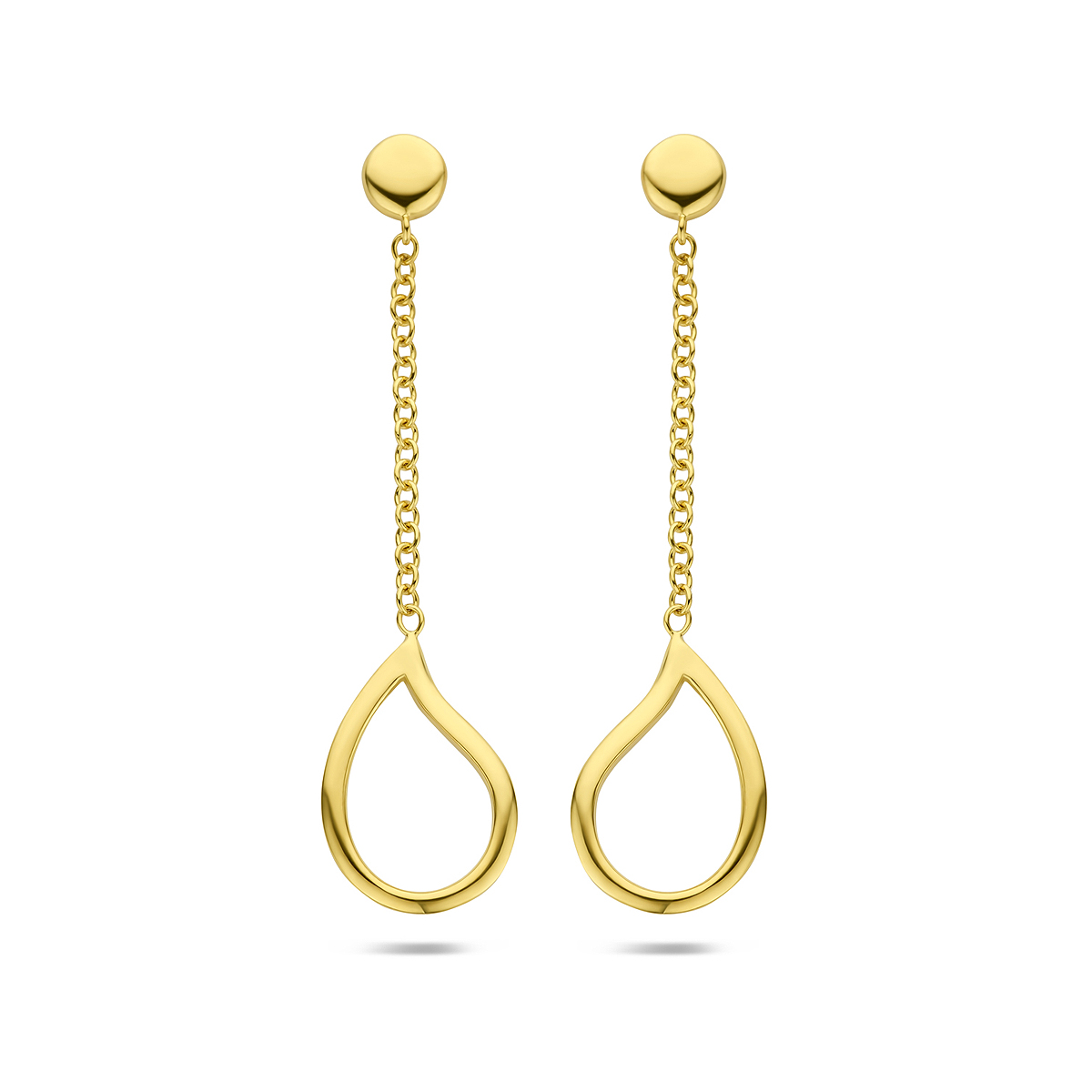 14k Geelgouden oorhangers uitgevoerd met een druppel. De oorhangers hebben een totale hoogte van 40mm.