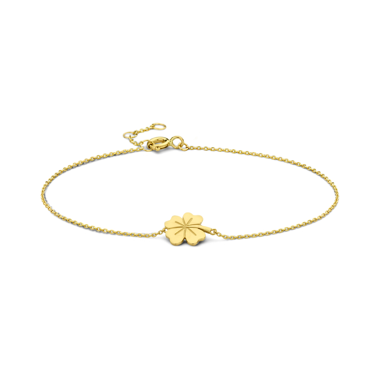 Geel goud 9K armband met een klavertje. De armband heeft draaglengtes van 16.5,17.5 en 18.5cm. De schakelbreedte is 0.8mm.