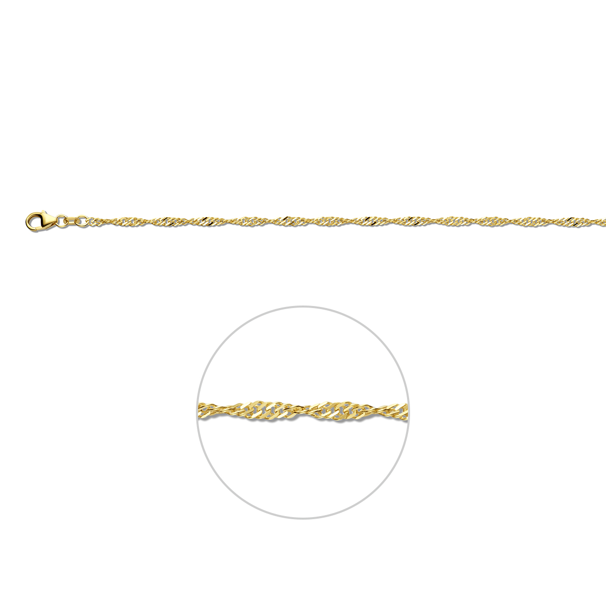 Dit 9-karaats Singapore armband, modelnummer 8000281, heeft een glansrijke gouden kleur en is nikkelvrij. Het weegt 1,81 gram, is 2,4 mm breed en 19 cm lang. Perfect als een subtiele sierlijke toevoeging aan elke outfit. Draag het solo voor een verfijnde look of combineer het met andere armbanden voor een trendy stijl.