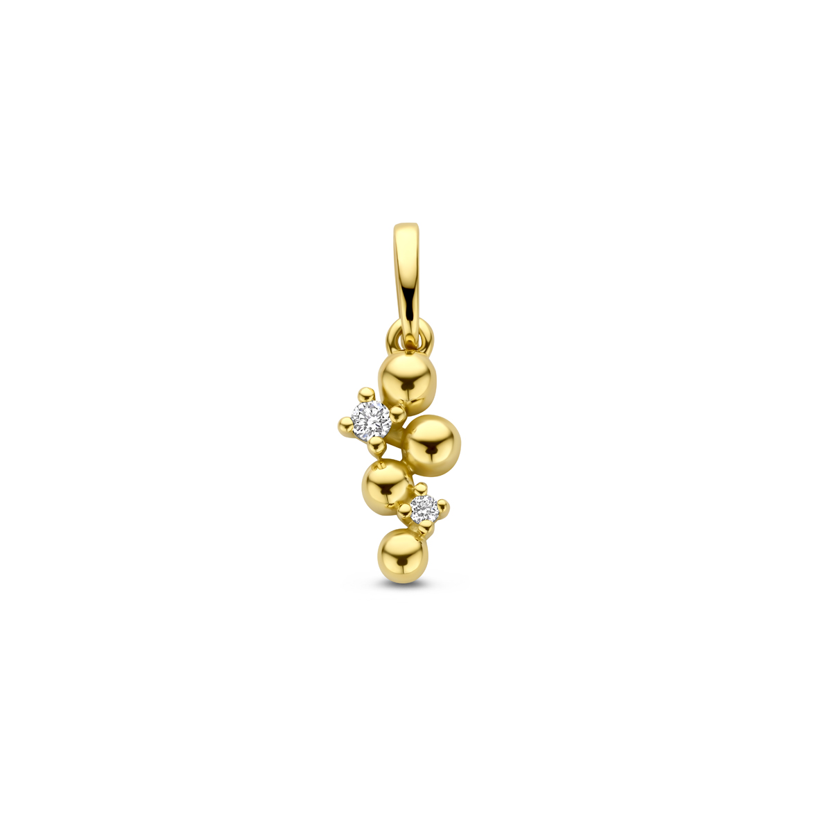 14k Geelgouden hanger uitgevoerd met diamant. De hanger heeft een totale hoogte van 11,5mm. Het totale diamantgewicht is 0.03ct.