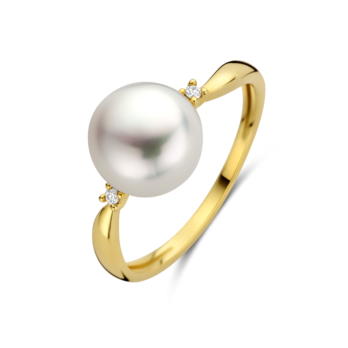 14k Geelgouden ring uitgevoerd met diamant en een parel van 9mm. Het totale diamantgewicht is 0.02ct.