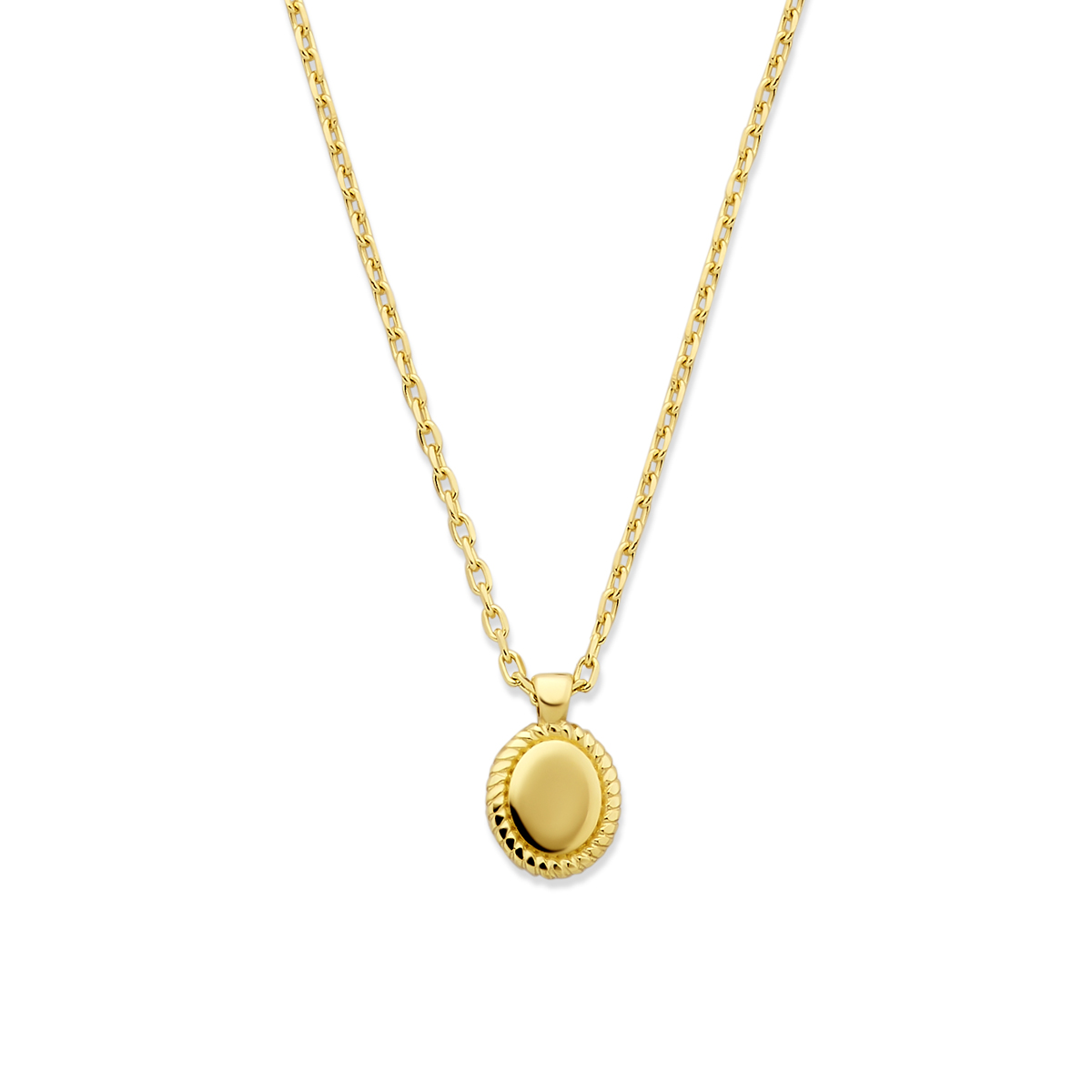 14k Geelgouden collier met draaglengtes van 41-43-45cm. Het collier heeft een schakelbreedte van 1mm. De hanger heeft een afmeting van 8.5x5,5mm.