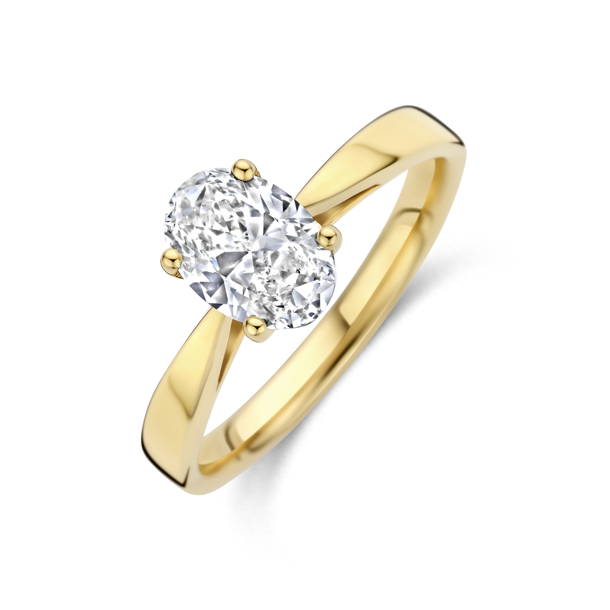 14k Geelgouden ring uitgevoerd met lab grown diamant. De ring heeft en afmeting van 8.5x6mm.Het totale diamantgewicht is 1.00ct.Lab grown diamanten zijn diamanten die ontstaan in een laboratorium. Onder extreem hoge druk en temperatuur wordt het natuurlijk ontstaansproces nagebootst met als eindresultaat een diamant met dezelfde chemische eigenschappen maar met een andere oorsprong.