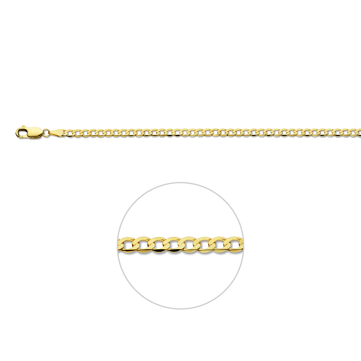 9k Geel kleurig gourmette lengte artikel met een schakelbreedte van 3.3mm.