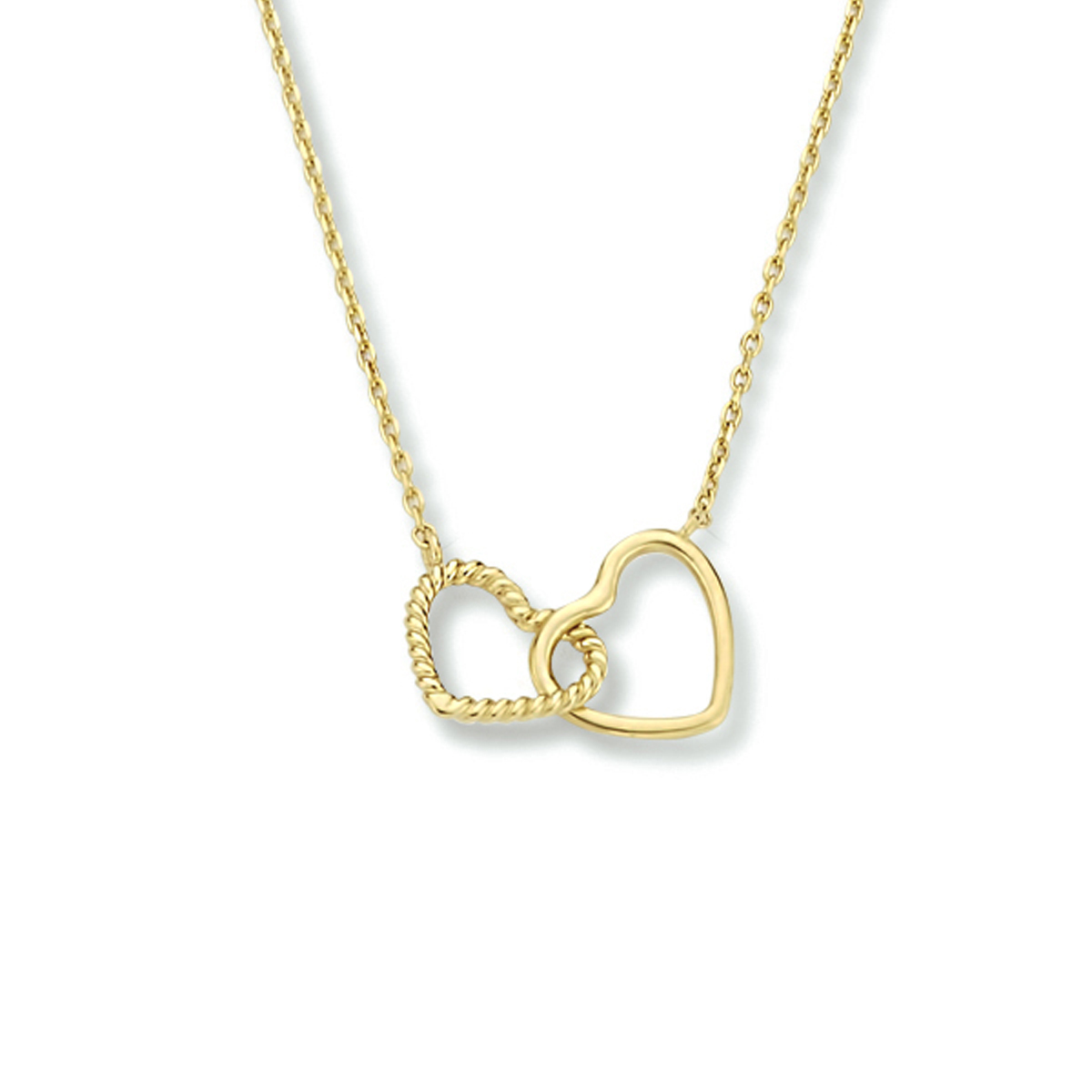 9k Geel kleurige collier uitgevoerd met twee hartjes. Het collier heeft draaglengtes van 40, 42 en 44cm. De hartjes hebben beide een afmeting van 7x8mm. De schakelbreedte is 0.8mm.