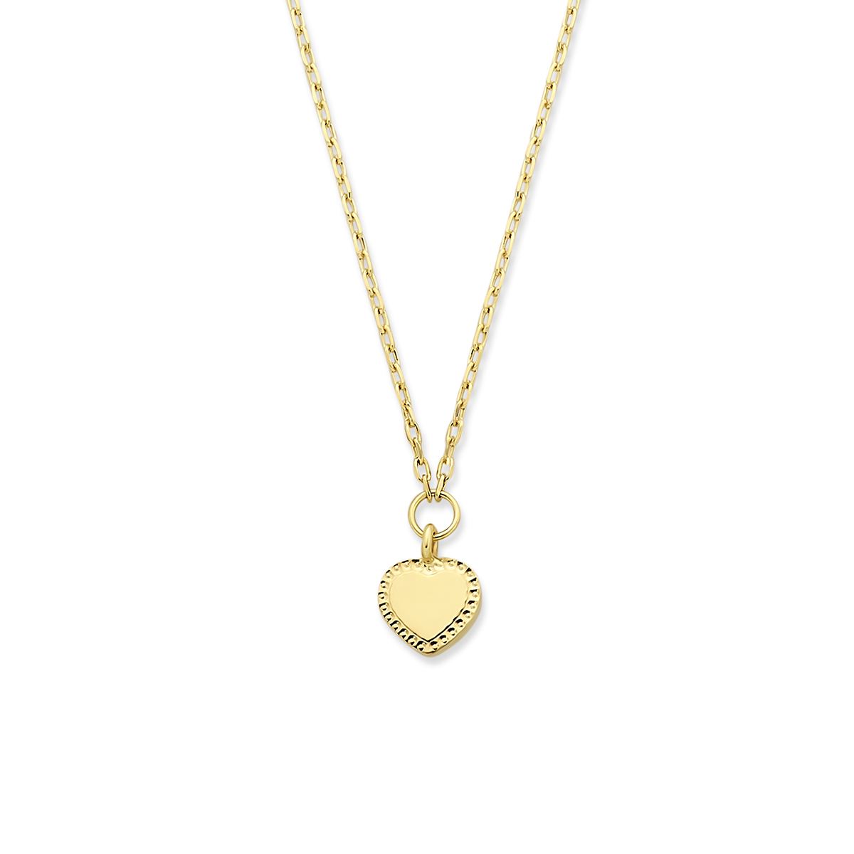 14k Geelgouden collier uitgevoerd met een hartje. Het collier heeft draaglengtes van 41-43-45cm en een schakelbreedte van 1mm. Het hartje heeft een afmeting van 6x6.5mm.