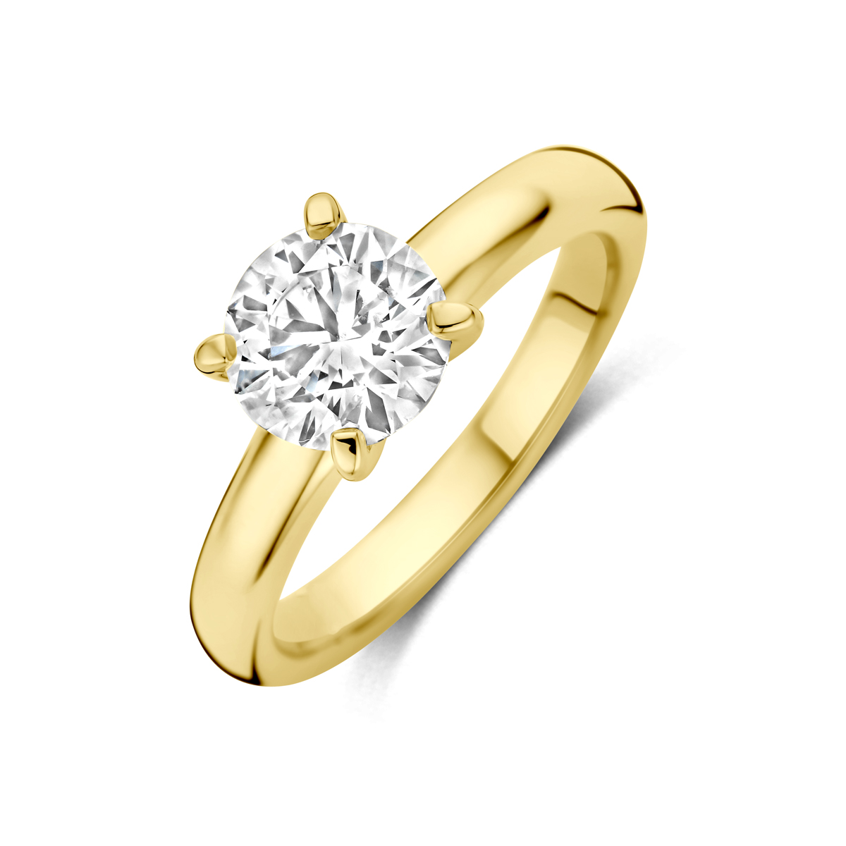 14k Geelgouden ring uitgevoerd met lab grown diamant. De steen heeft een diameter van 7.4mm. Het totale diamantgewicht is 1.50ct.Lab grown diamanten zijn diamanten die ontstaan in een laboratorium. Onder extreem hoge druk en temperatuur wordt het natuurlijk ontstaansproces nagebootst met als eindresultaat een diamant met dezelfde chemische eigenschappen maar met een andere oorsprong.