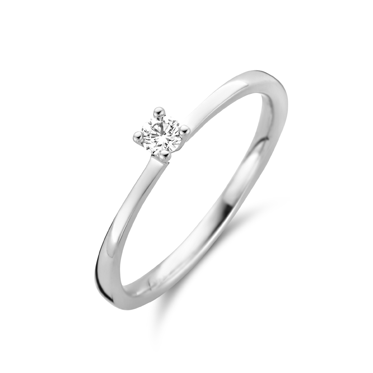 14k Witgouden ring uitgevoerd met een schitterende diamant 0.10ct. De ring heeft een breedte van 3mm.