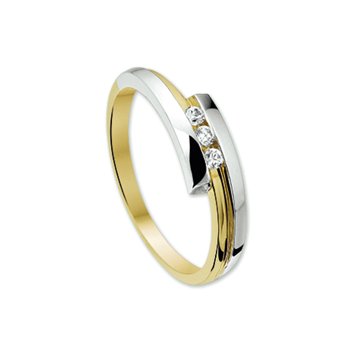 14 karaat geel- met witgouden dames ring met zirkonia.
