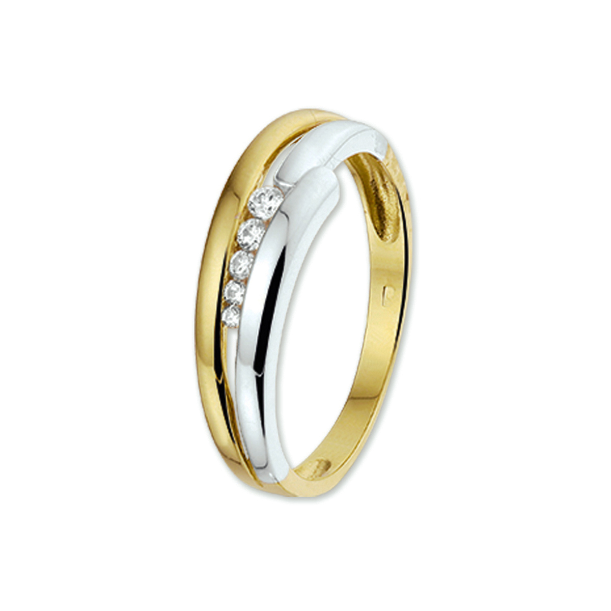14 karaat geel- met witgouden dames ring met zirkonia.