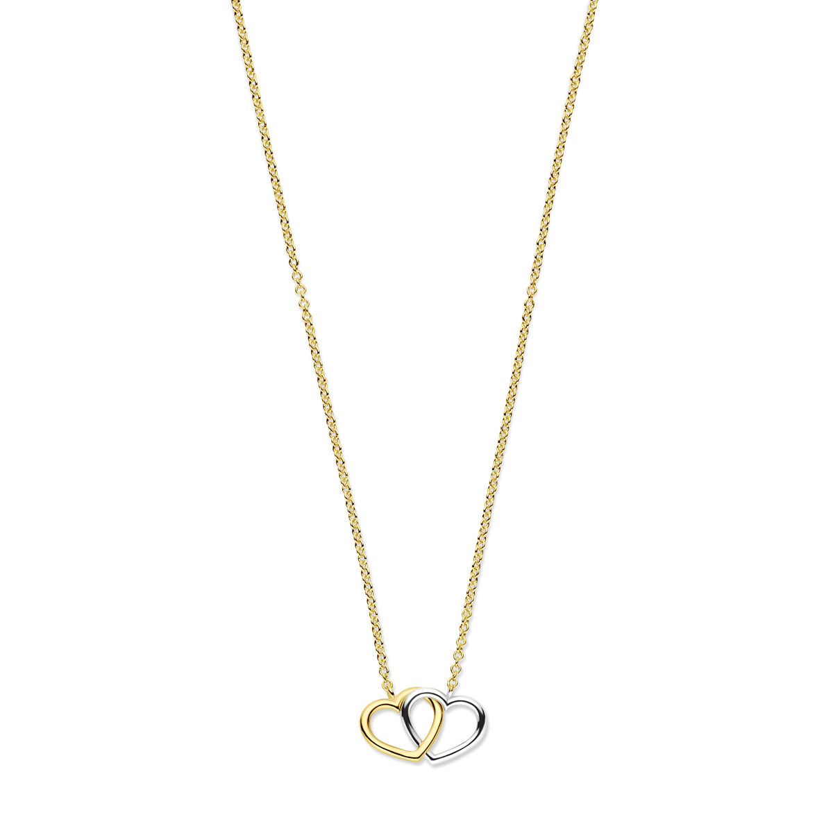 Bicolor geel en witgouden collier met draaglengtes van 41, 43 en 45 cm. De schakelbreedte is 1.3mm.