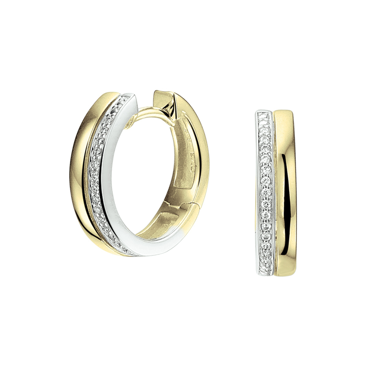 Bicolor wit- en geelgouden klapoorringen met een schitterende diamant rij en een poli afwerking. Tip: Leuk om kado te geven zie je ze al stralen!?
