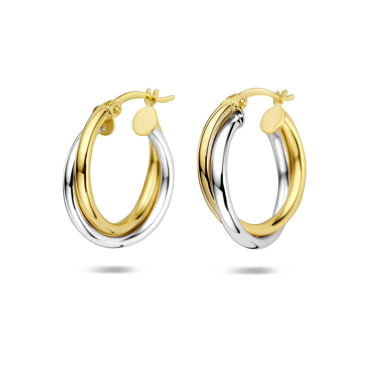 14k Bicolor geel en witgouden oorringen met een afmeting van 21x4.5mm.