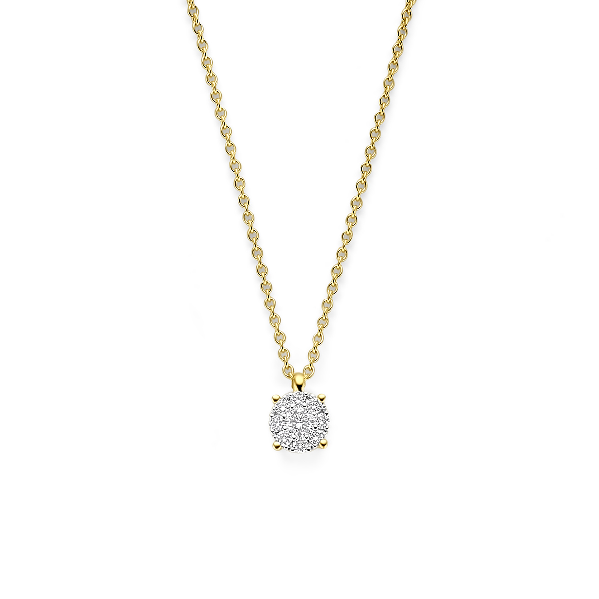 14k Bicolor geel en witgouden collier uitgevoerd met diamant. Het collier heeft draaglengtes van 43-44-45cm en een schakelbreedte van 1mm. Het totale diamantgewicht is 0.13ct.