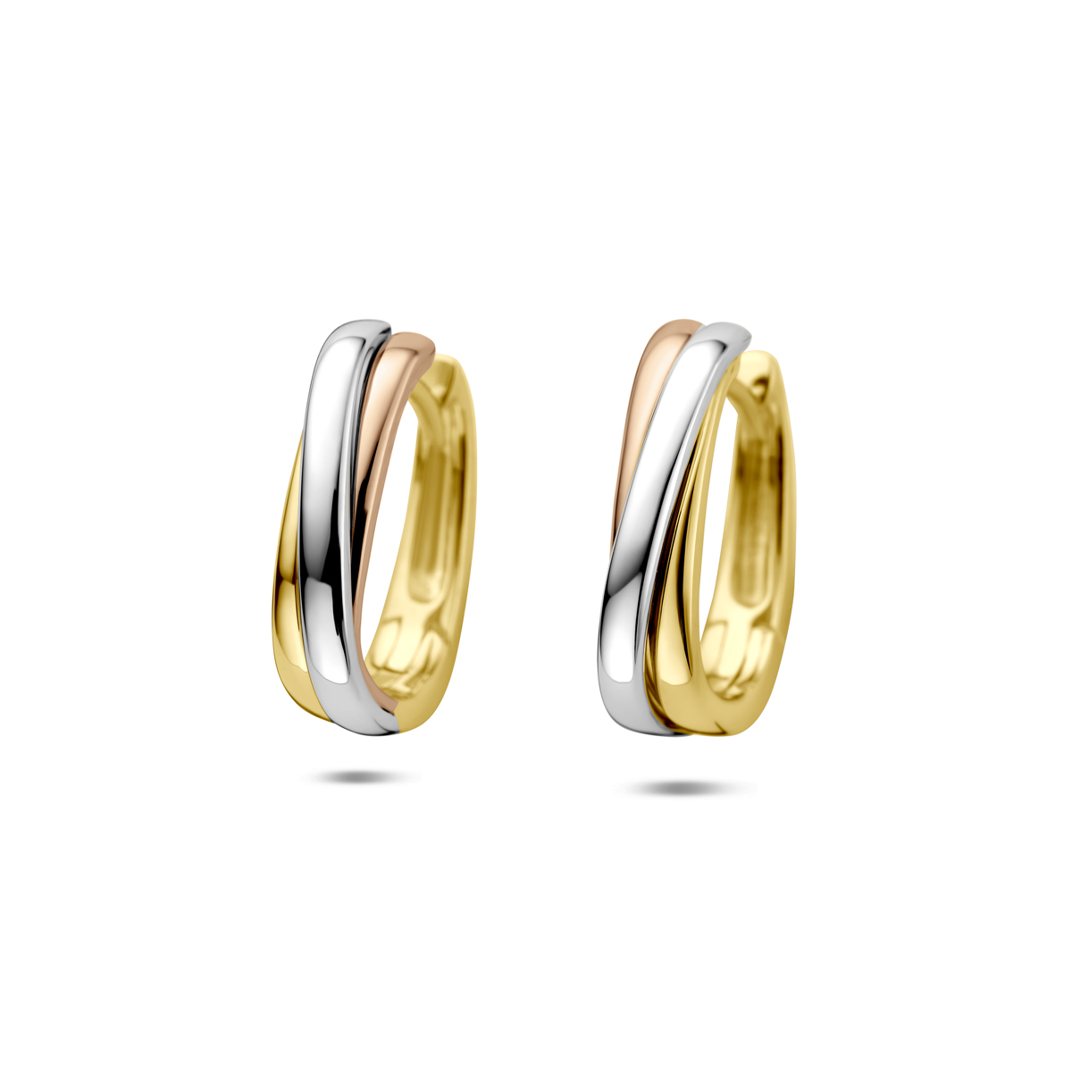 14k Tricolor geel, wit en rosegouden klapoorringen met een afmeting van 15.5x3.5mm.