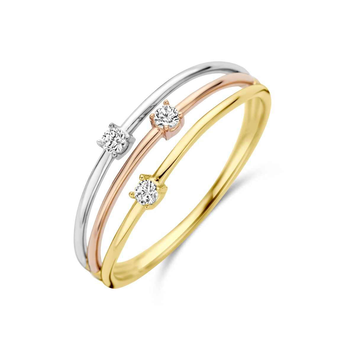 14k Tricolor geel, roze en witgouden ring uitgevoerd met zirkonia. De ring heeft een breedte van 7mm.