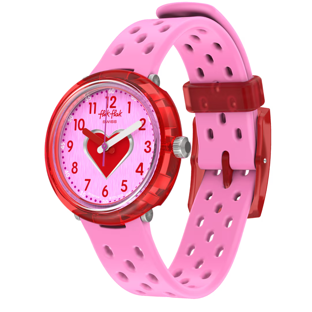 Het FIZZ IN PINK kinderhorloge is helemaal fun! Met een roze horlogebandje en een schattig rood hart op de wijzerplaat is het perfect om te leren hoe laat het is. Dit horloge is een geweldig cadeau voor elk kind dat van roze houdt en er stijlvol uit wil zien.