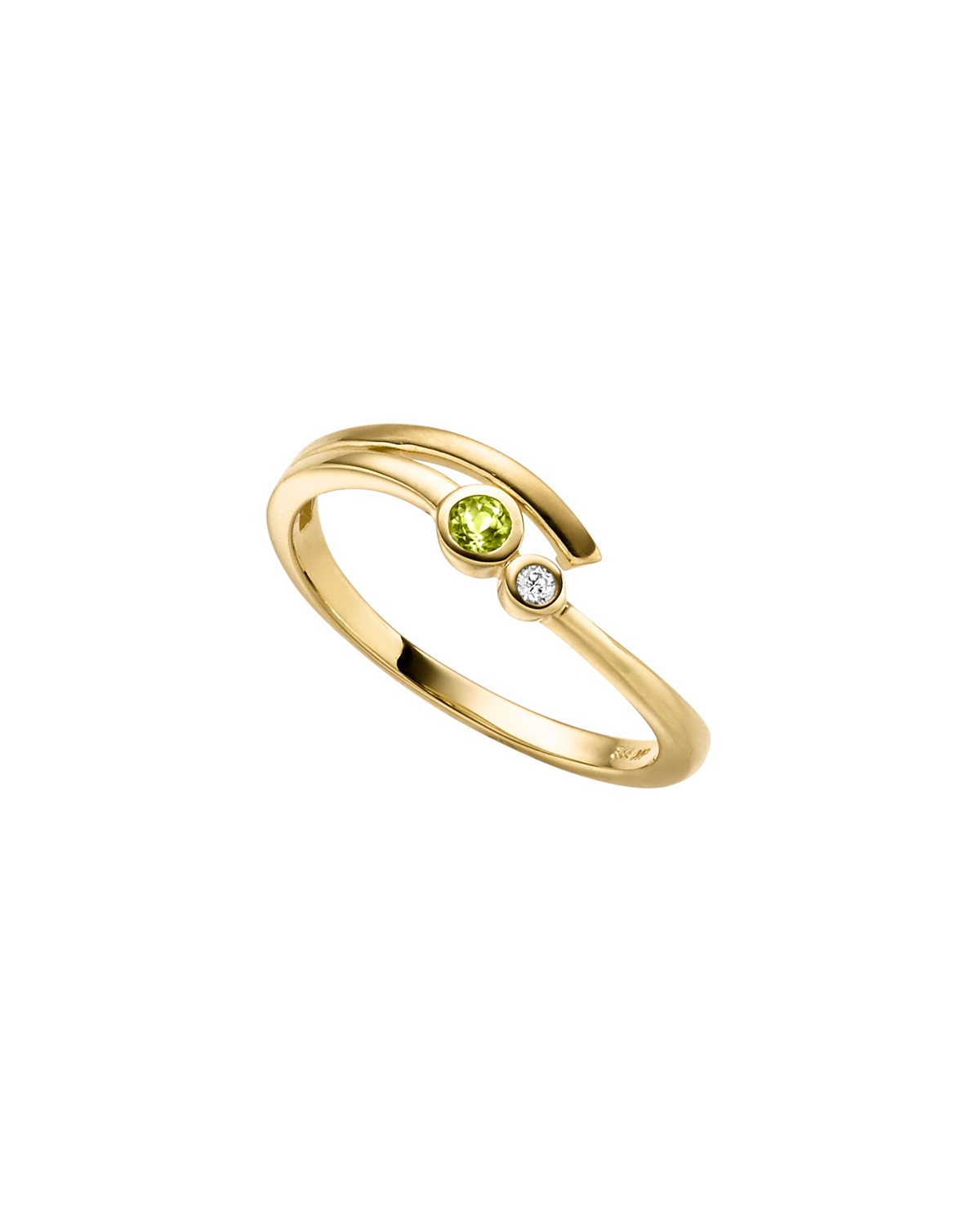 Entdecken Sie unseren Ring Gold 333 mit Zirkonia und Peridot (Modellnummer: 26-450/54). Dieser aus 8 Karat Gelbgold gefertigte Ring kombiniert einen wei&szlig;en Zirkonia mit einem gr&uuml;nen Peridot. Elegant und leicht mit einem Gewicht von 1,7 g, eignet er sich perfekt f&uuml;r den t&auml;glichen Gebrauch. Tragen Sie ihn alleine oder mit anderen Schmuckst&uuml;cken f&uuml;r einen stilvollen Auftritt.