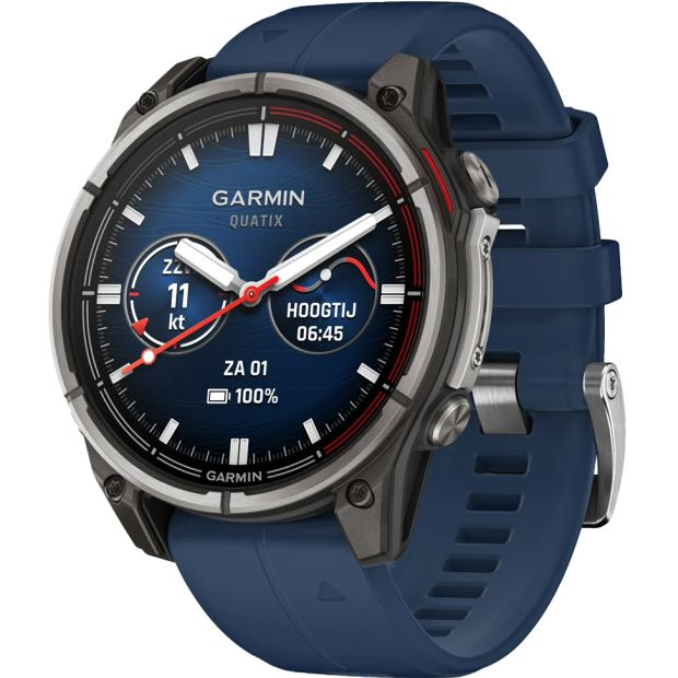 poshorloge Garmin model Quatix 8 met blauwe wijzerplaat en band