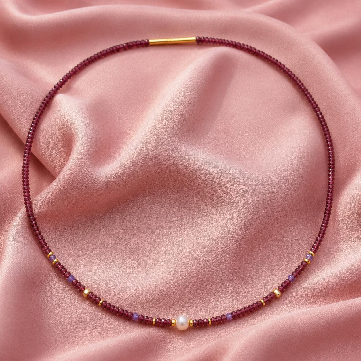 Kette pink Turmalin mit SWP, Perlen und Verschluss Doppelclip Silber vergoldet