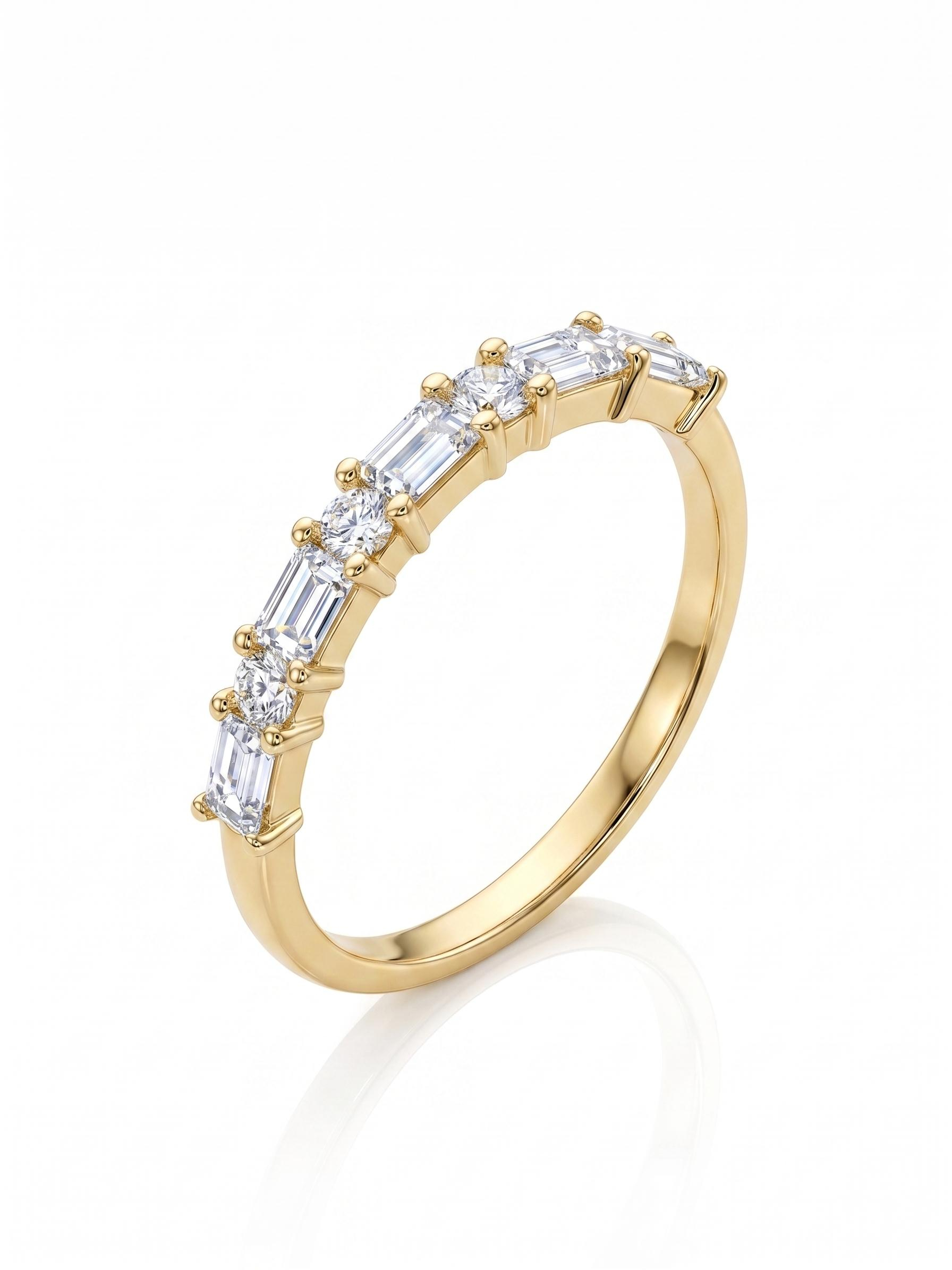 trouwring 18 kt gg met natuurlijke diamant afwisseld briljnat en bagettes