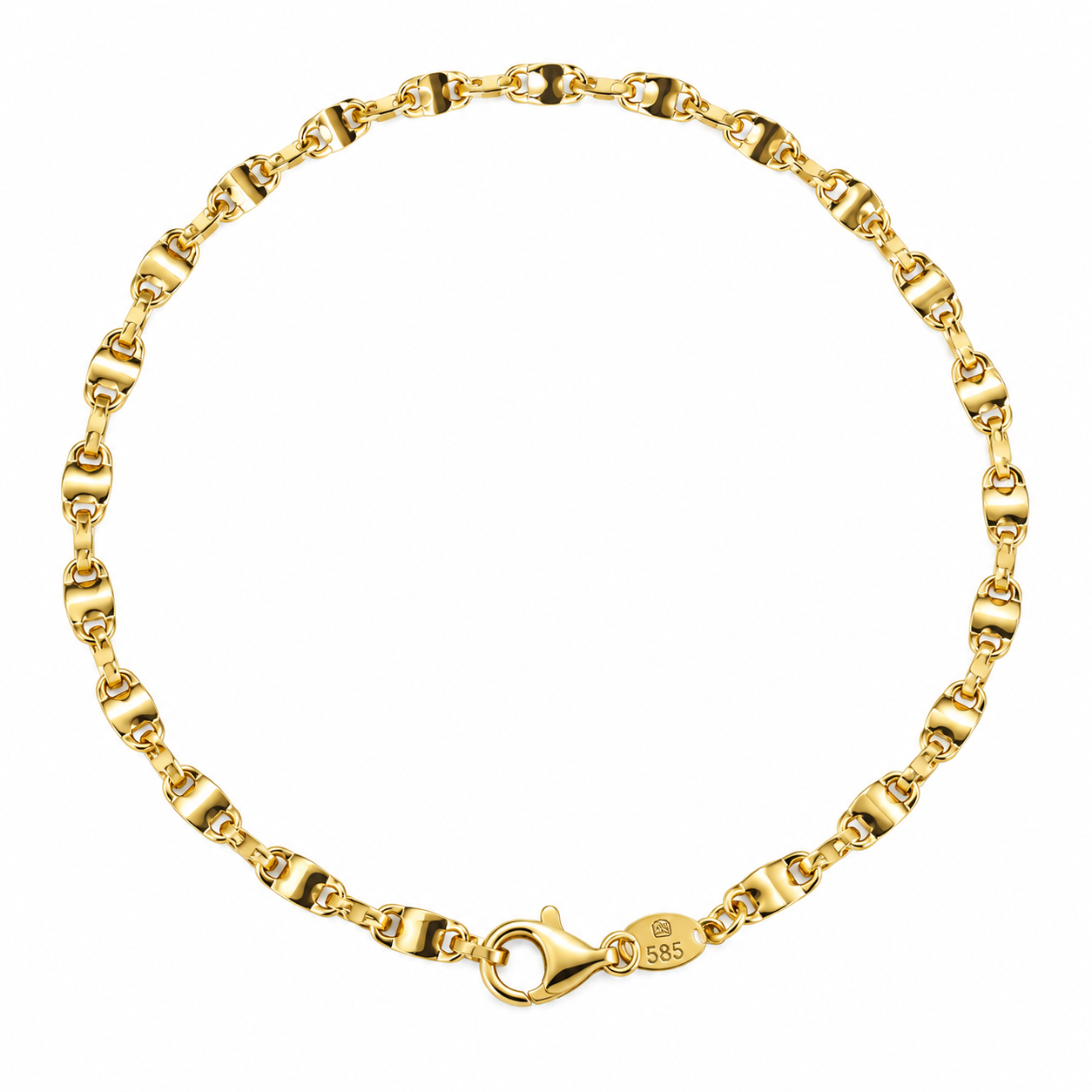 Gouden armband met fantasie schakels in een lengte van 19 cm.