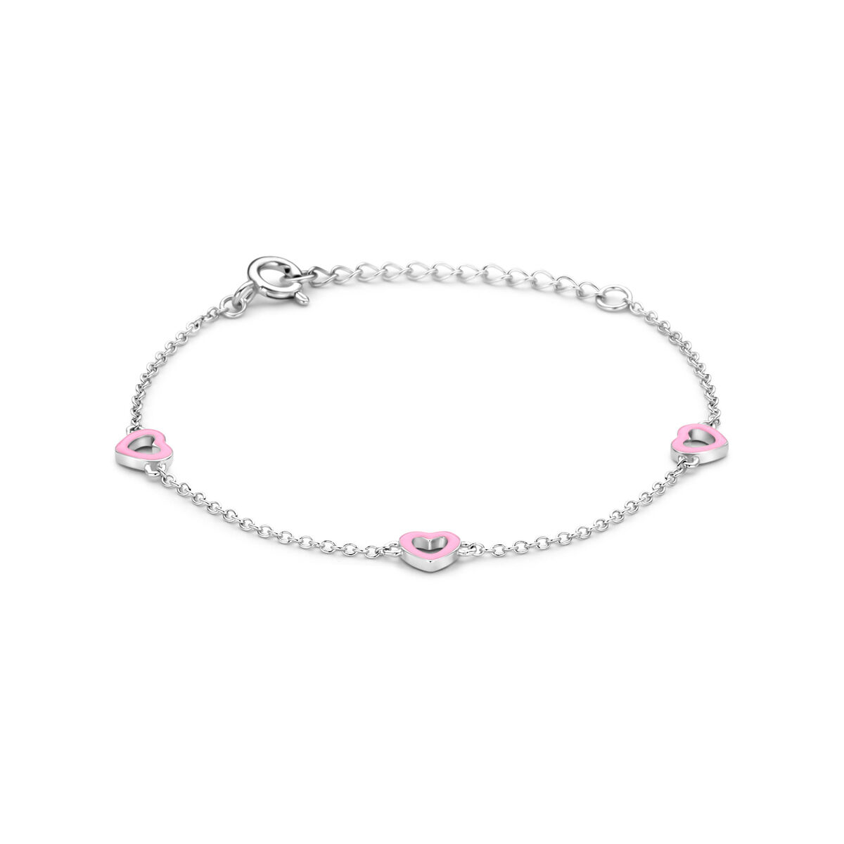 De zilveren armband met roze hartjes (modelnummer 1343669) is een prachtig sieraad, ideaal voor elke gelegenheid. Met een lengte van 13+3 cm, valt deze in de categorie BRACELET. De beste manier om het te dragen is om het subtiel te combineren met andere zilveren sieraden voor een verfijnde en elegante uitstraling. 