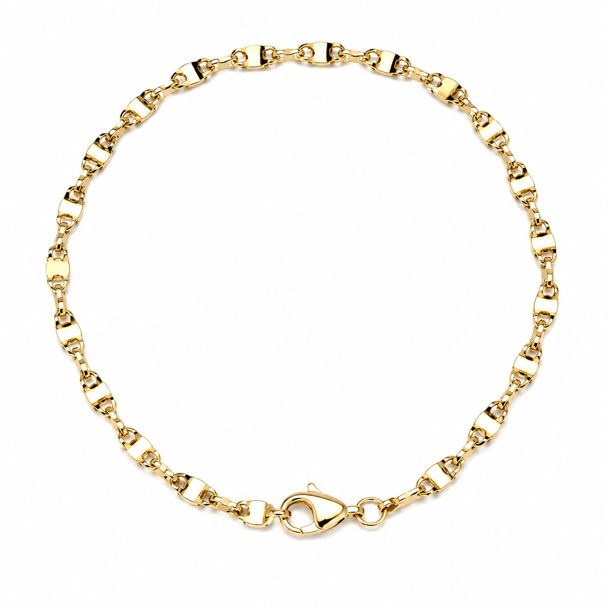 Gouden armband met fantasie schakels in een lengte van 19 cm.