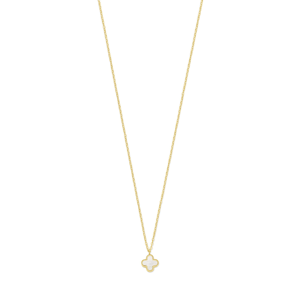 14k Geelgouden collier uitgevoerd met een klavertje 4 hanger met parelmoer. De draaglengtes zijn 41, 43 en 45cm. De hanger heeft een afmeting van 13x10mm. De schakelbreedte is 1,5mm. Uitgevoerd met een karabijnsluiting.