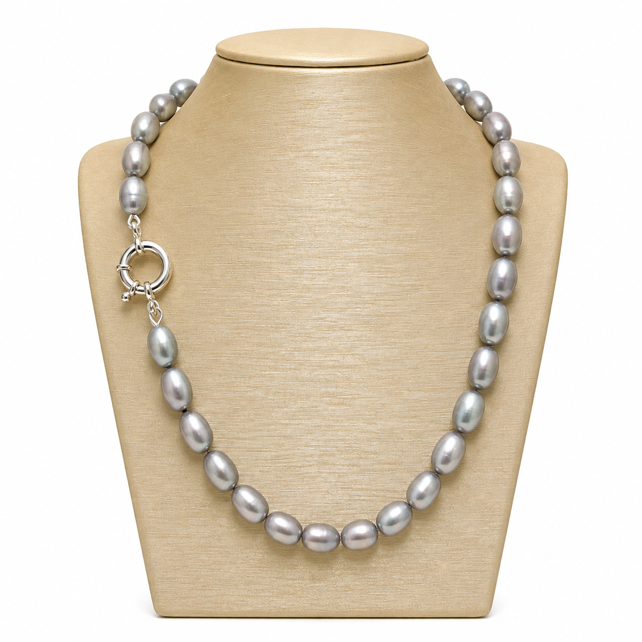 Parelcollier grijs met zilveren veerring 46cm
