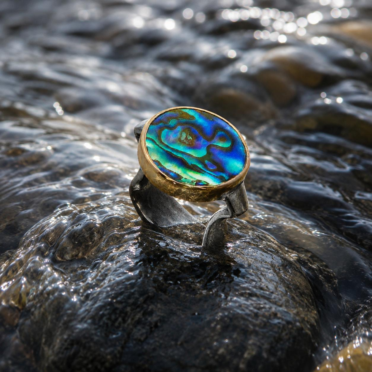 Ring in Knitteroptik, Silber 925, Gold 750, Abalone Muschelscheibe, Gr&ouml;&szlig;e 58

Gefertigt im Atelier Kissner
Design: Carsten Kissner


UNIKAT