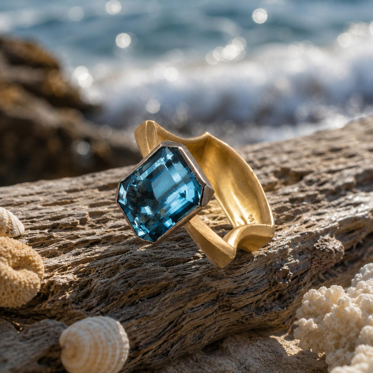 Aquamarin &ndash; ein St&uuml;ck Mittelmeer

Das klare, leuchtende Blau des 7,52 ct Aquamarins erinnert an das Wasser einer stillen mediterranen Bucht. Gefasst in warmes 750er Gold wird der au&szlig;ergew&ouml;hnliche Edelstein zum Mittelpunkt dieses handgefertigten Smartcurve-Rings.

Seine kraftvolle Farbe, die organische Form und das warme Gold verbinden sich zu einem Schmuckst&uuml;ck voller sommerlicher Leichtigkeit &ndash; wie Sonne auf der Haut und ein Blick aufs Meer.
