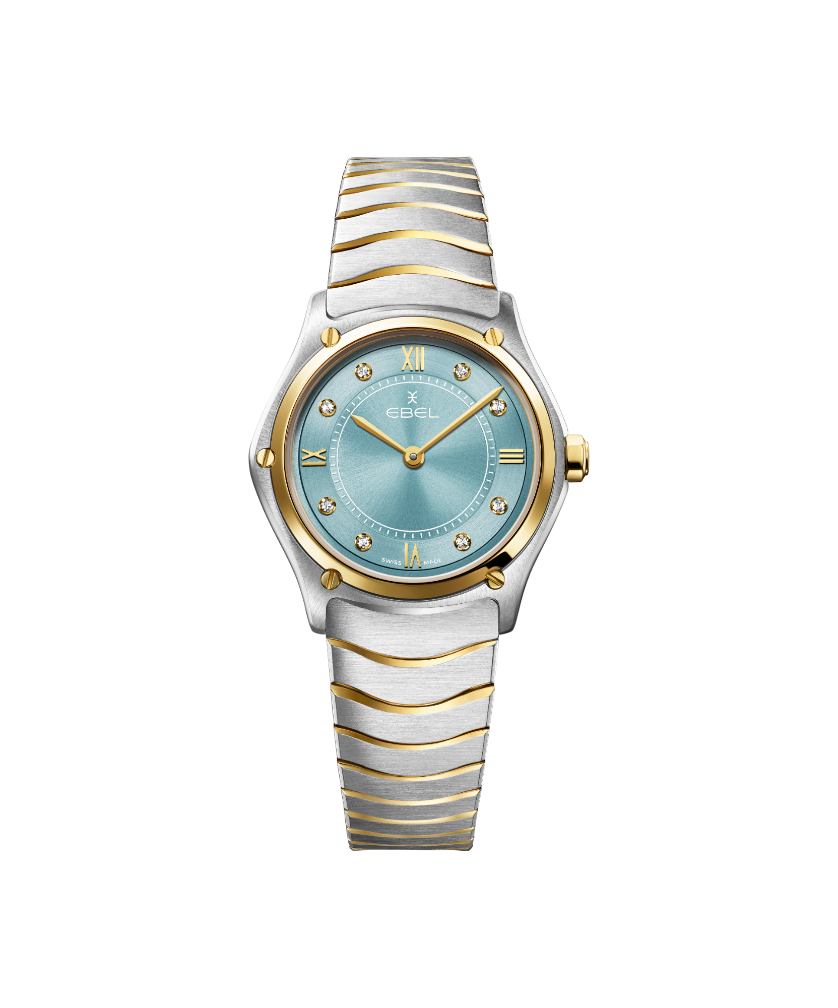 een polshorloge Ebel model sport classic met een pastel blauwe wijzerplaat waarop 8 diamantjes totaal 0.052crt