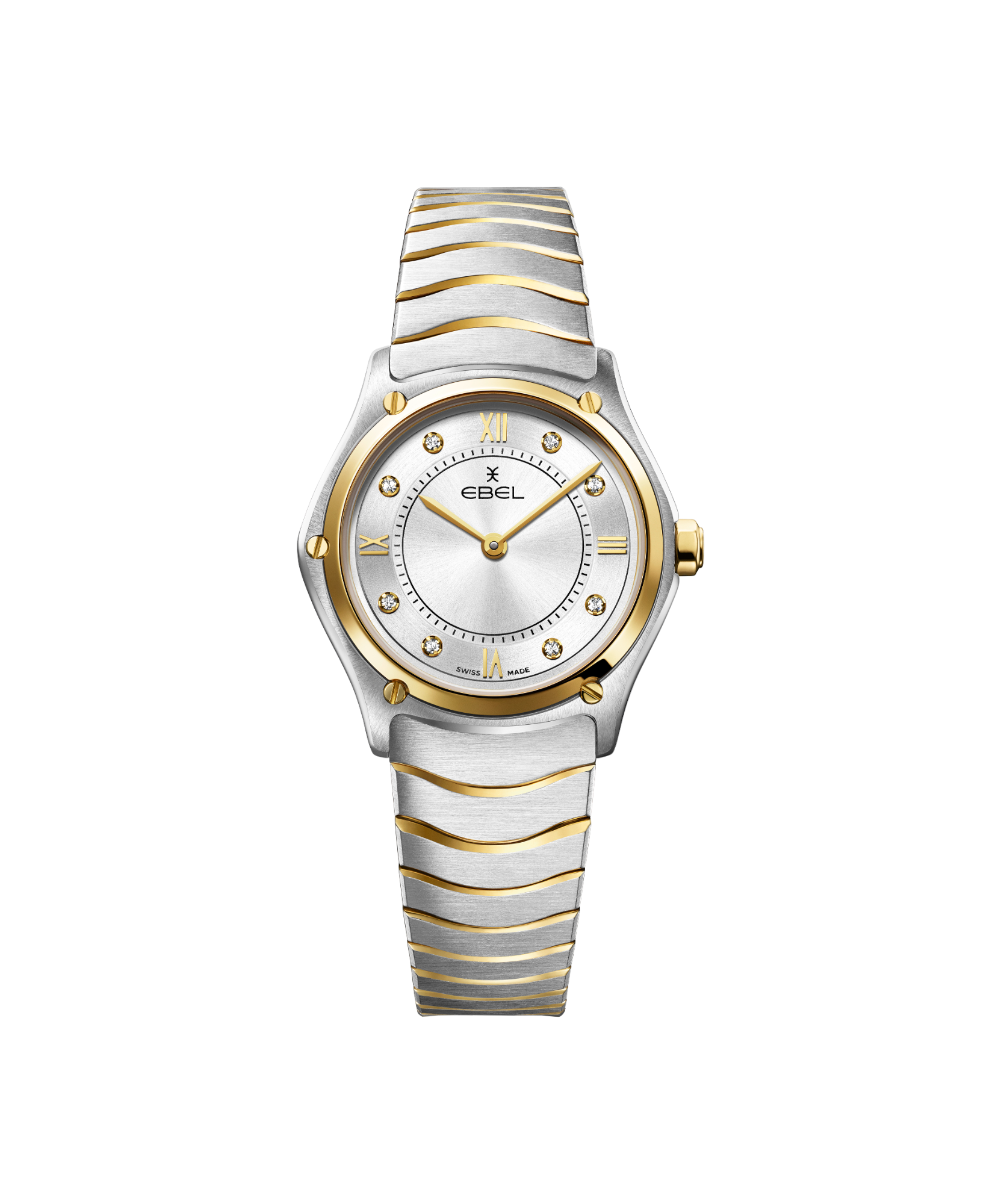 een damespolshorloge Ebel model Sport Classic met zilver kleurige wijzerplaat en staal en geelgouden gecombineerde band. De wijzerplaat is bezet met 8 diamantjes totaal 0.052 crt.